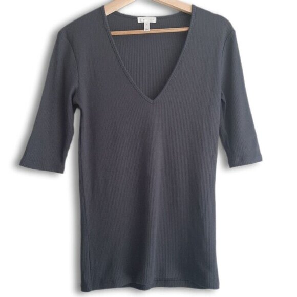 LEITH | Ribbed Fitted V-Neck Short Sleeve T-Shirt Gray Tee Sz S - Picture 1 of 10